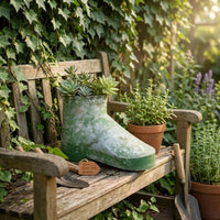 Weathered Shoe Planter Distressed Finish Boot Planter Mottled Green and Gray Vintage Flower Pot Iron