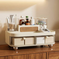 Desktop Storage Box with Rattan Insert Multi-Compartment Vanity Organizer with Two Compartments Rectangular Divided Makeup Bin for Bedside Table