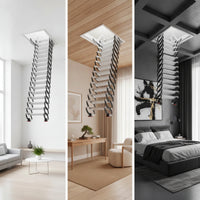 Overhead Attic Ladder with Handrail Concealed Overhead Mount Attic Ladder Space-Saving for Homeowners, Builders, Loft, Garage
