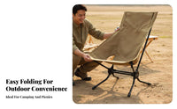 Foldable High-Back Camping Chair Aluminum Alloy Frame Folding Moon Chair Heavy Duty 150kg Load Capacity Portable Camp Seat Integrated Pillow Pocket for Picnickers, Fishermen, Outdoors, Picnic, Backyard, Fishing