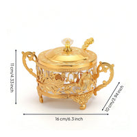 Ornate Condiment Jar with Spoon Gold-Tone Sugar Bowl with Lid Vintage Glass Condiment Pot with Metal Frame Elegant for Hosts