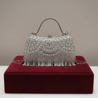 Wrist Strap Rhinestone Fringe Clutch Glamorous Beaded Wristlet Purse Gold Frame for Banquet, Wedding