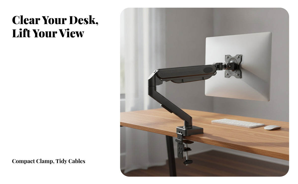 Ergonomic Articulated Screen Arm | Universal bolt pattern Plate, Spring-Assisted Jointed Construction, Desk screen Mount, for Home Workstations