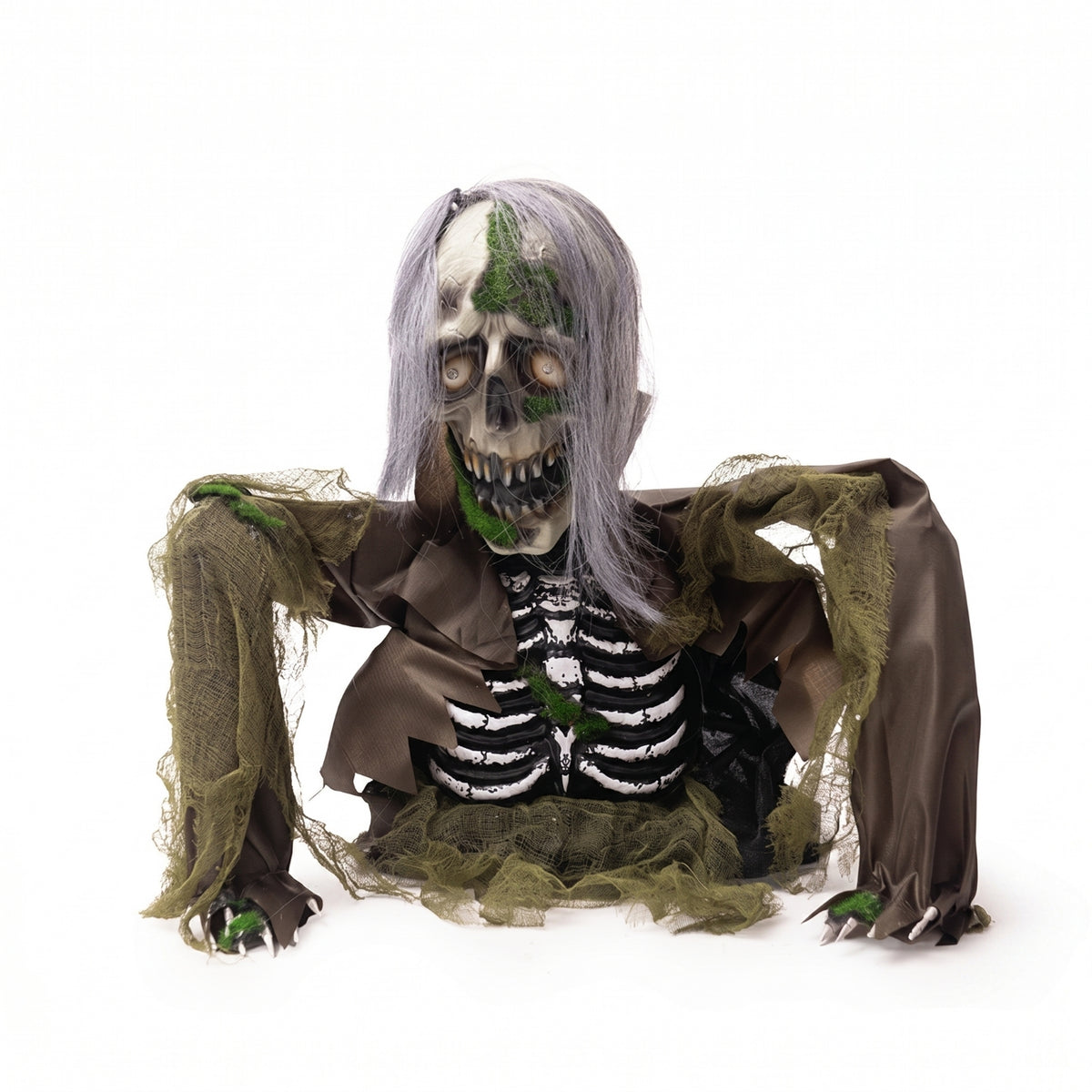 Halloween Decor Long Gray Hair Glowing Eyes Motion Sound Zombie Skeleton for Home Display
