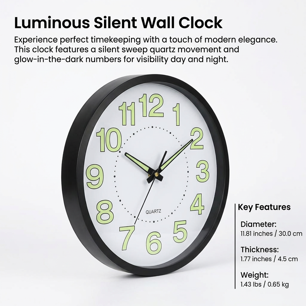 Luminous Wall Clock, Silent Non-Ticking, Battery Operated, Modern Minimalist, Living Room Bedroom, Easy to Read Dial