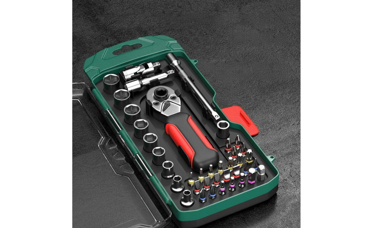 CR-V Steel Reversible Ratchet Socket Set with Extension Bar and Bits, Portable