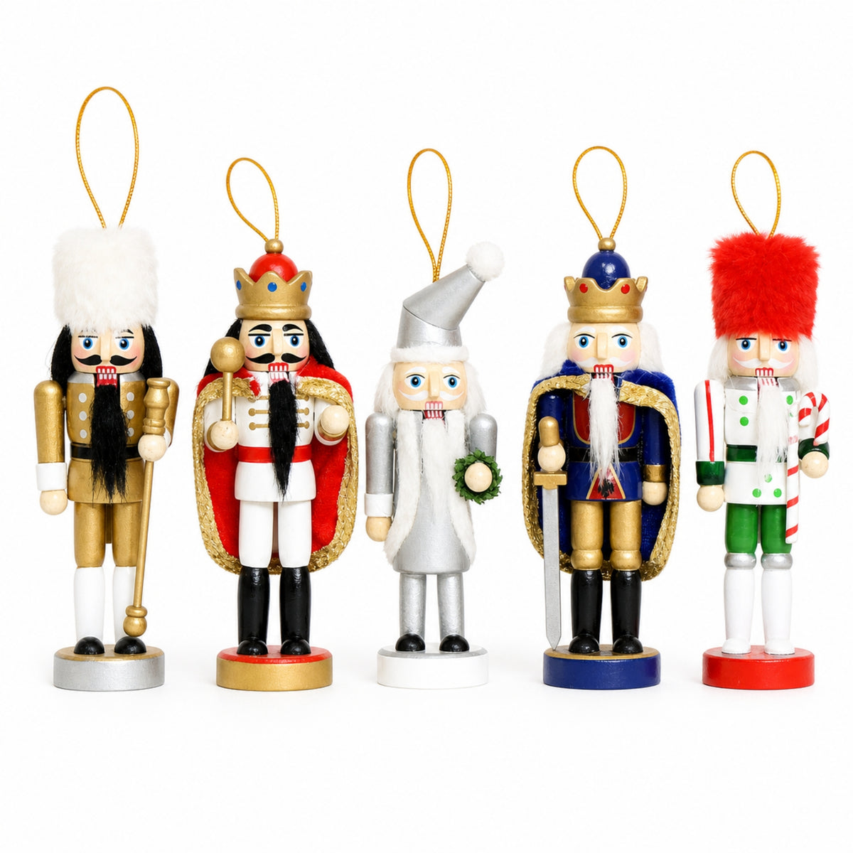 5 Pieces Wooden Nutcracker Ornament Charming Christmas Nutcracker Decoration Decorative Christmas Ornaments with Loops for Desks