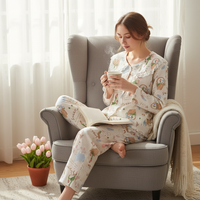 Women's Cloud Cotton Pajama Set with Lamb Embroidery, Long Sleeve Doll Collar Loungewear