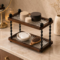 Dark Brown Two-Tier Storage Rack Textured Tabletop Tray Rack Twisted Posts Wooden Tray Organizer Clear for Desk, Vanity, Entryway