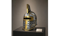 Raised Crest Spartan Helmet Statue Silver and Gold Antique-Style Helmet Ornament Distressed Finish Perforated Panels for Home Display