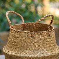 Laundry Basket for Versatile Laundry Storage, Seagrass Belly Plant Pot and Plant Basket, Foldable Toy Basket or Storage Bag, Handmade Handle