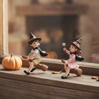 Witch Figurines with Brooms Halloween Boy and Girl Witch Statues Hand-Painted Ornament for Decorators, Collectors, Windowsill, Mantel, Bookshelf