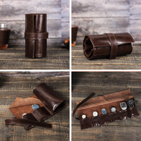 Genuine Leather 6-Slot Watch Roll with Oil Wax Finish, Travel Portable Mechanical Watch Storage Bag
