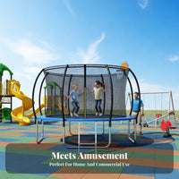 Outdoor Steel Frame Trampoline, Lantern Design Enclosure, Basketball Hoop, Commercial Fun, Kids & Adults