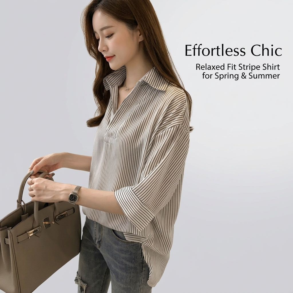 Women Striped Collared Shirt with Three Quarter Sleeves for Golf and Casual Wear, Loose Fit Pullover Top for Office and Going Out, Polyester Blend
