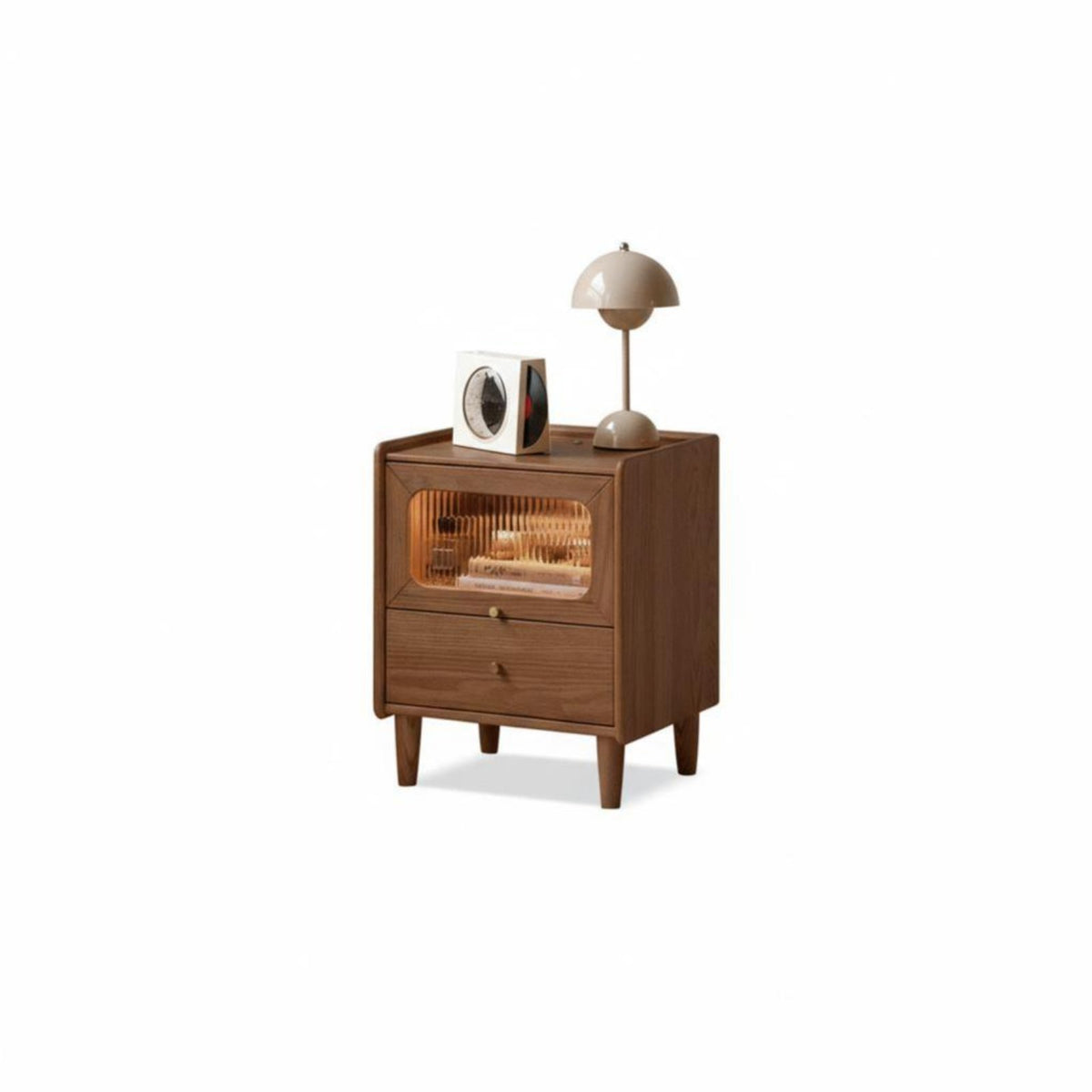 Minimalist design aesthetic Bedside Table with Integrated Light Modern stylish Nightstand Fluted Glass Drawer Storage Cabinet tactile-sensitive control for Design aficionados, Homeowners, Students, Bedroom, Guest Room, Home Office