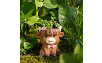 Resin Highland Cow Planter Wood-Grain Highland Cow Flower Pot Adorable Farmhouse for Balcony