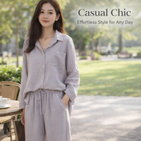 Airport Outfit 2 Piece Loungewear Set for Women with Long Sleeve Shirt and Wide Leg Pants, Comfortable Going Out Lounge Plus Size Available