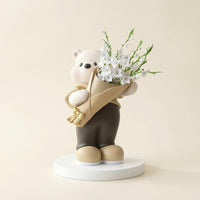 Bear Figurine with Vase Decorative Tabletop Figurine Table Centerpiece Charming Sculpture Modern for Living Room, Entryway