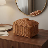 Multi-Purpose Rattan Design Storage Basket with Lid Handwoven Imitation Rattan Lidded Bin Long-Lasting Construction for Kitchen, Bedroom