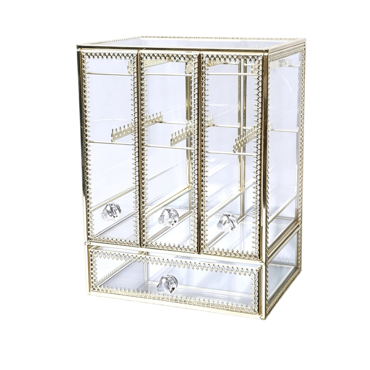 Gold-Toned Jewelry Organizer with Hanging Rods 3-Compartment Jewelry Organizer with Drawers Decorative Transparent for Dresser