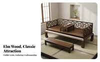 Chinese Design Arhat Bed Water-Resistant-Resistant Solid Elm Wood Sofa Bed Antique Carved Daybed for Tea Enthusiasts, Interior Designers, Homestay