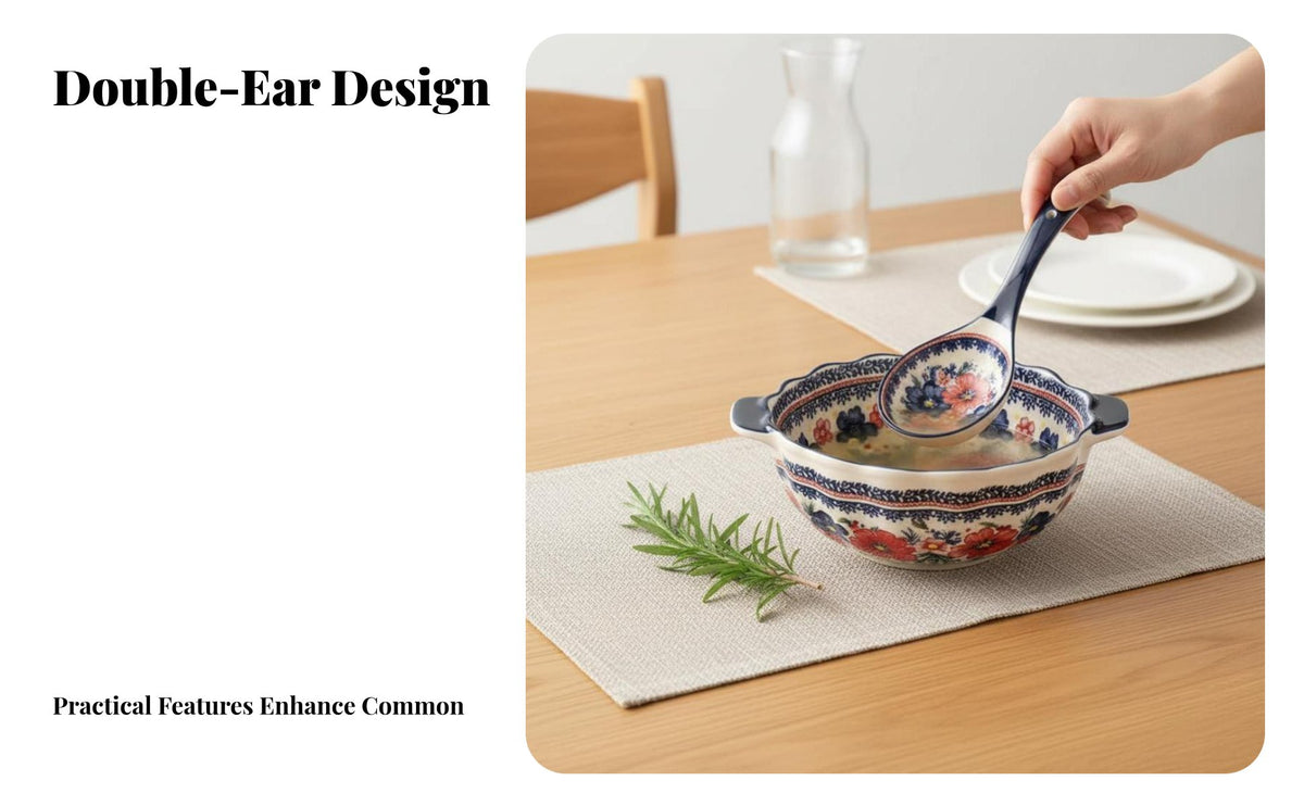 Ceramic Soup Pot with Serving Utensil Floral Double-Ear Soup Pot Underglaze Serving Bowl for Home Cooks, Hosts, Family Meals, Dinner Parties