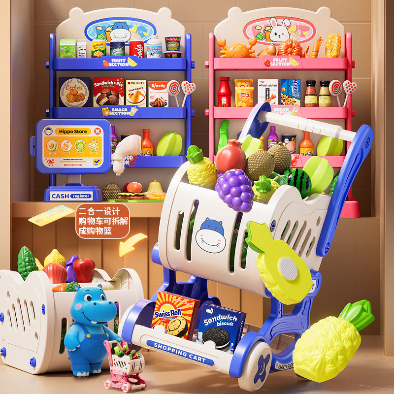 Hippo Supermarket Pretend Play Set with Shopping Cart, Fruits, Vegetables, BBQ, Snacks, and Cutting Toys