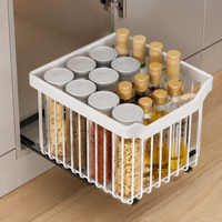 Extendable Kitchen Cabinet Basket, White Kitchen Organizer Drawer made of Carbon Metal, Smooth-Gliding Under Sink Basket No Drilling Needed, for Dishes & Pans