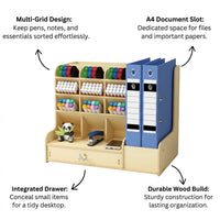 Desk Storage with Pen Holder, File for A4 Documents and Books, Multi-Compartment Desktop Organiser for Home Office Accessories