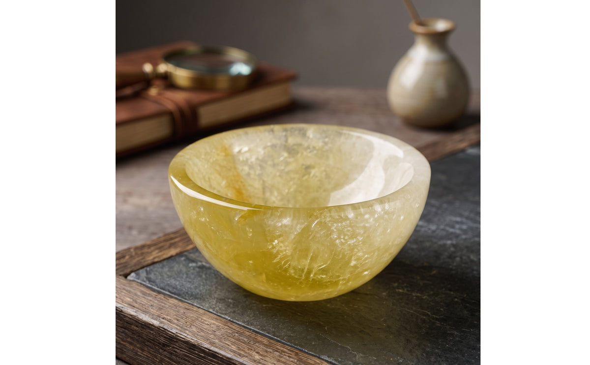Polished Crystal Bowl Carved Stone Bowl Translucent Crystal Dish Handmade for Meditation