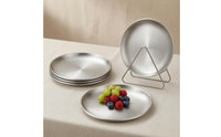 4 Pieces Polished Silver Round Snack Plate Triangular Stand Stainless Steel Plate Shatterproof Metal Storage Rack Reusable
