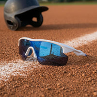 Close-Fitting Mirrored Visor Sunglasses Blue Accents Curved-Around Sports Sunglasses Lightweight Athletic Curved-Around Shades for Cycling, Training, Skating