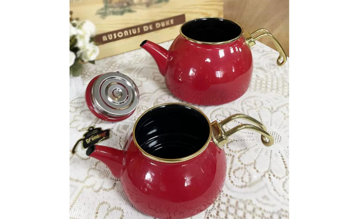 Glossy Enamel Teapot Set Gold-Tone Handles Double-Layer Teapot Curved Spout Drinkware Loop Handle