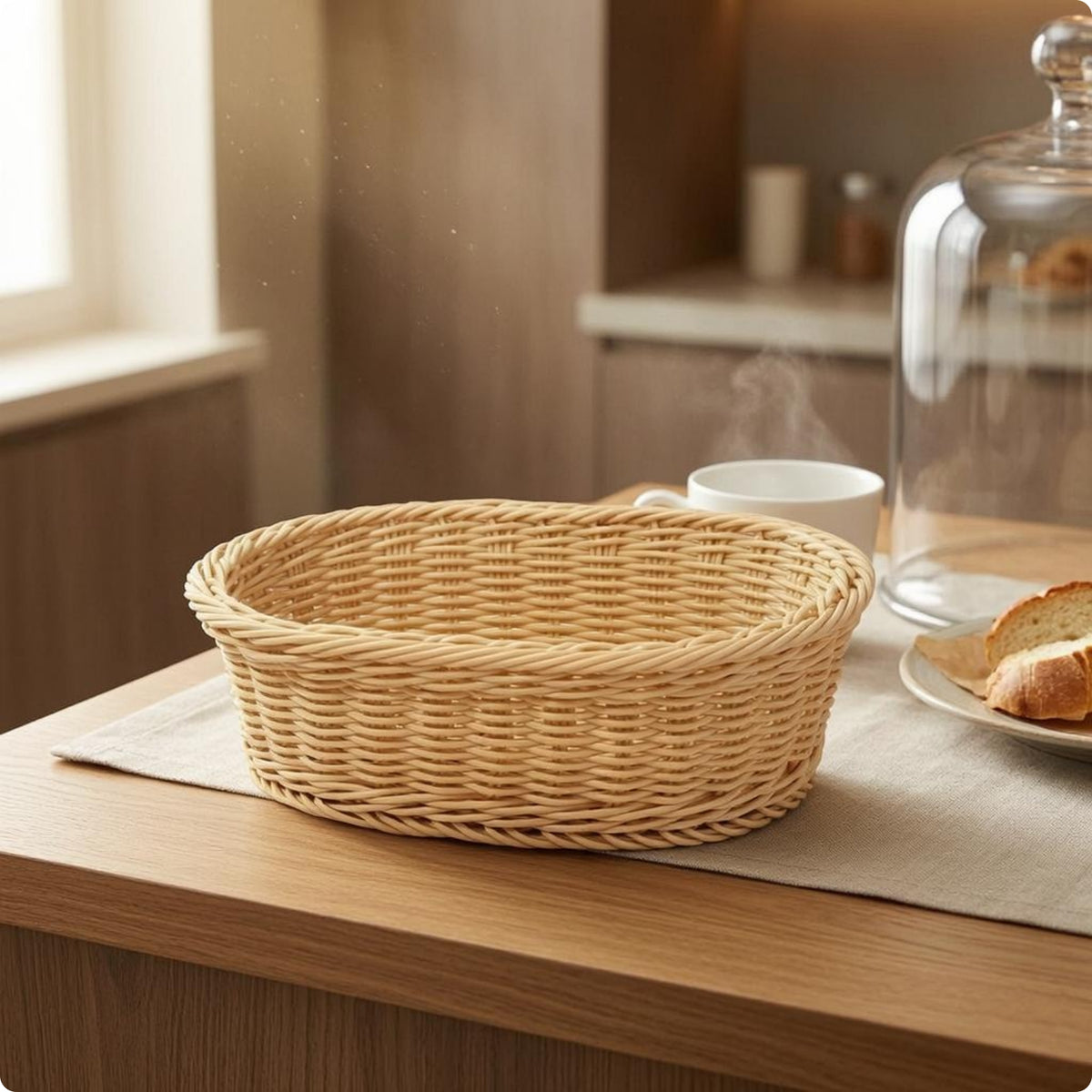 Oval Wicker Basket Tight Weave Bread Basket Easy to Clean Household Organizer for Dining Table
