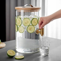 Water Dispenser and Drink Dispenser with Tap, Large Glass Cold Brew Coffee Maker with Wooden Stand, Transparent Party Refrigerator Container