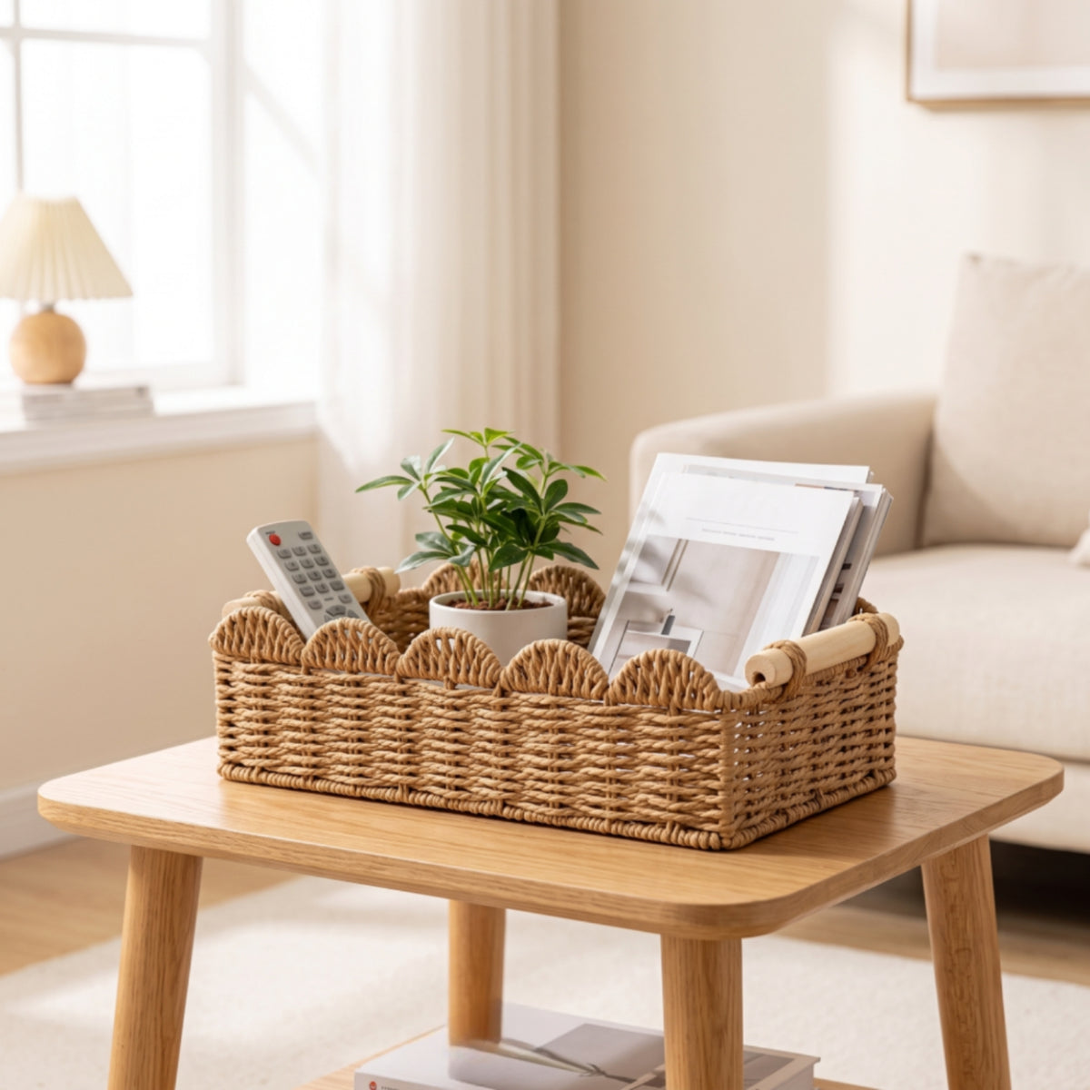 Scalloped Paper Rope Basket Rectangular Storage Basket with Wooden Handles Natural Woven for Countertop, Bathroom, Shelf, Desktop