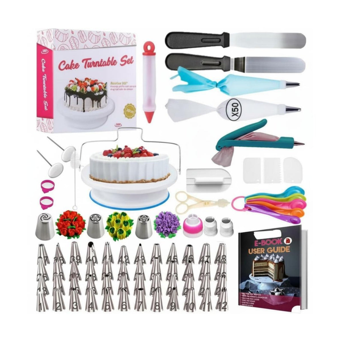 356 Pieces Stainless Steel Spatulas Cake Decorating Kit Non-Slip Base Cake Turntable Set Reusable Frosting Tools Kit Includes E-Book & Tutorials for Beginners