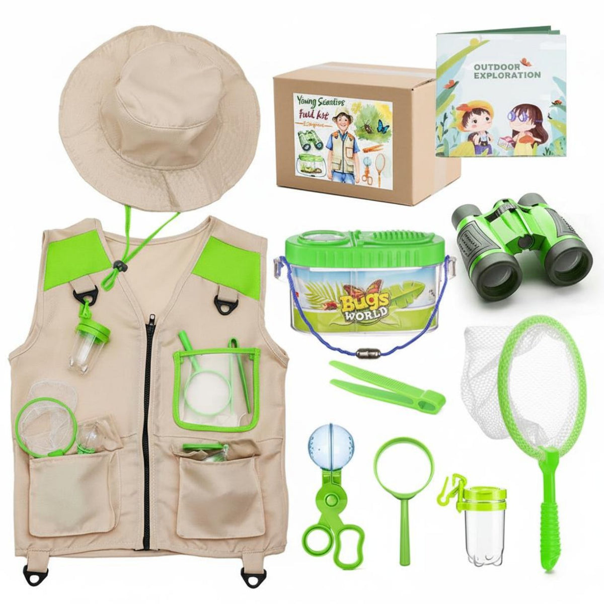 9 Pieces Kids Explorer Vest and Hat Hands-On Activity Children's Outdoor Adventure Digital Display Fun Children's Kit for Camping, Hiking