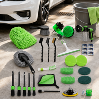 Green Car Cleaning Kit Drill Brush Wheel Detailing Wash Mitt Extension Rod Towel