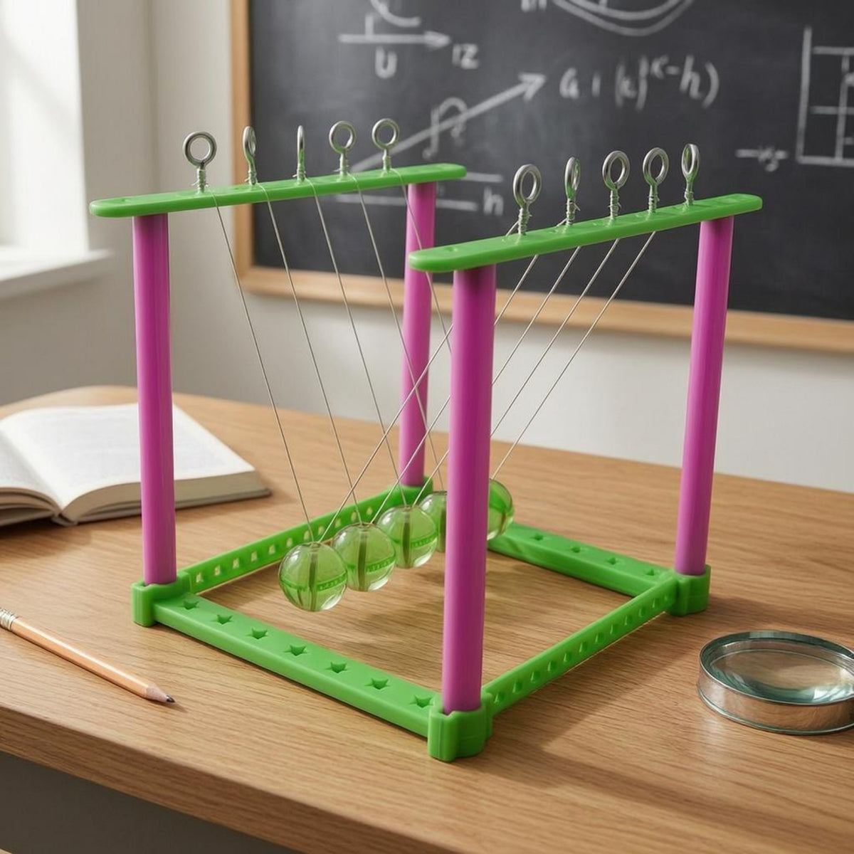 Collision Demonstration Newton's Cradle Educational Science Toy Green Plastic Tabletop Science Model Violet Posts for Students, Classroom