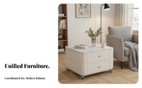 Movable with casters Wheeled Twotier Square Table Modern Minimalist Design 2-Tier Square Table Creamy off-white Finish Household Furniture Space-Saving for Apartment Dwellers, Homeowners, Students, Living Room, Lounge Area, Bedroom, Entryway