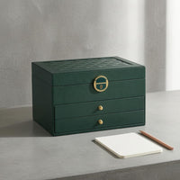 PU Leather Three-Layer Jewelry Box Geometric-patternedQuilted Hard-Shell Jewelry Case Pull-out Drawers Gold-Tone