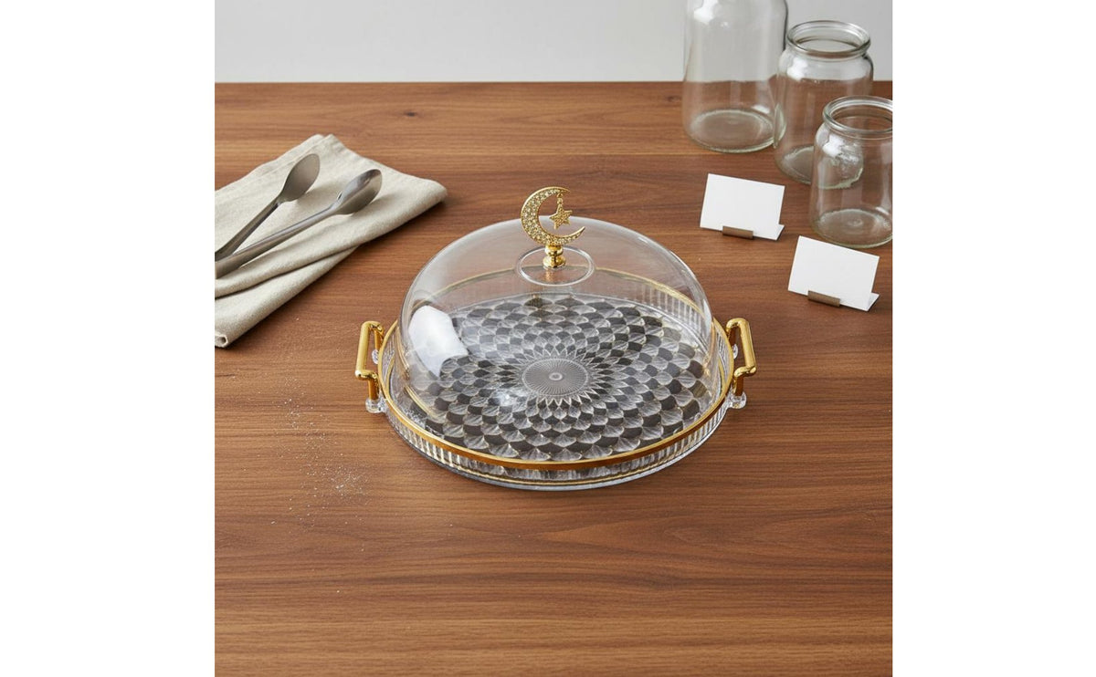 Multi-Functional Pedestal Dessert Tray with Dome Elegant Design Gold Accent Food Display Light Luxury Design Round Serving Platter with Handles for Wedding, Afternoon Tea, Party