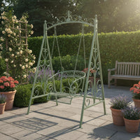 Wrought Iron Garden Swing Ornate Scrollwork Freestanding Swing Chair Outdoor Furniture for Children, Patio, Balcony