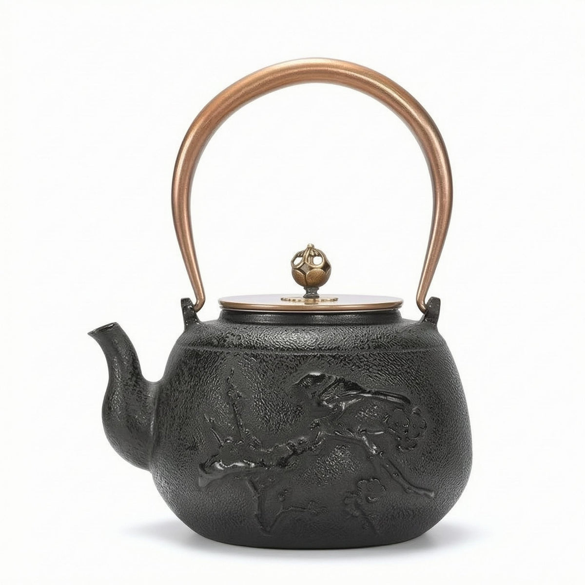 Cast Iron Teapot Floral Relief Stovetop Tea Kettle Copper-Colored Handle