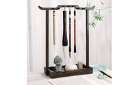 Bamboo Calligraphy Brush Rack 14-Hook Calligraphy Brush Holder with Tray Freestanding Hanging for Calligraphers