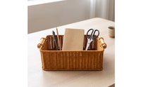 Basket with Wooden Handles Rectangular Woven Tray Rustic Organizer for Countertop, Picnic