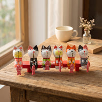 6 Pieces Hand-Painted Cat Statue with Fishing Rod Cute Wooden Cat Figurine Charming Desktop Decoration Compact for Nursery