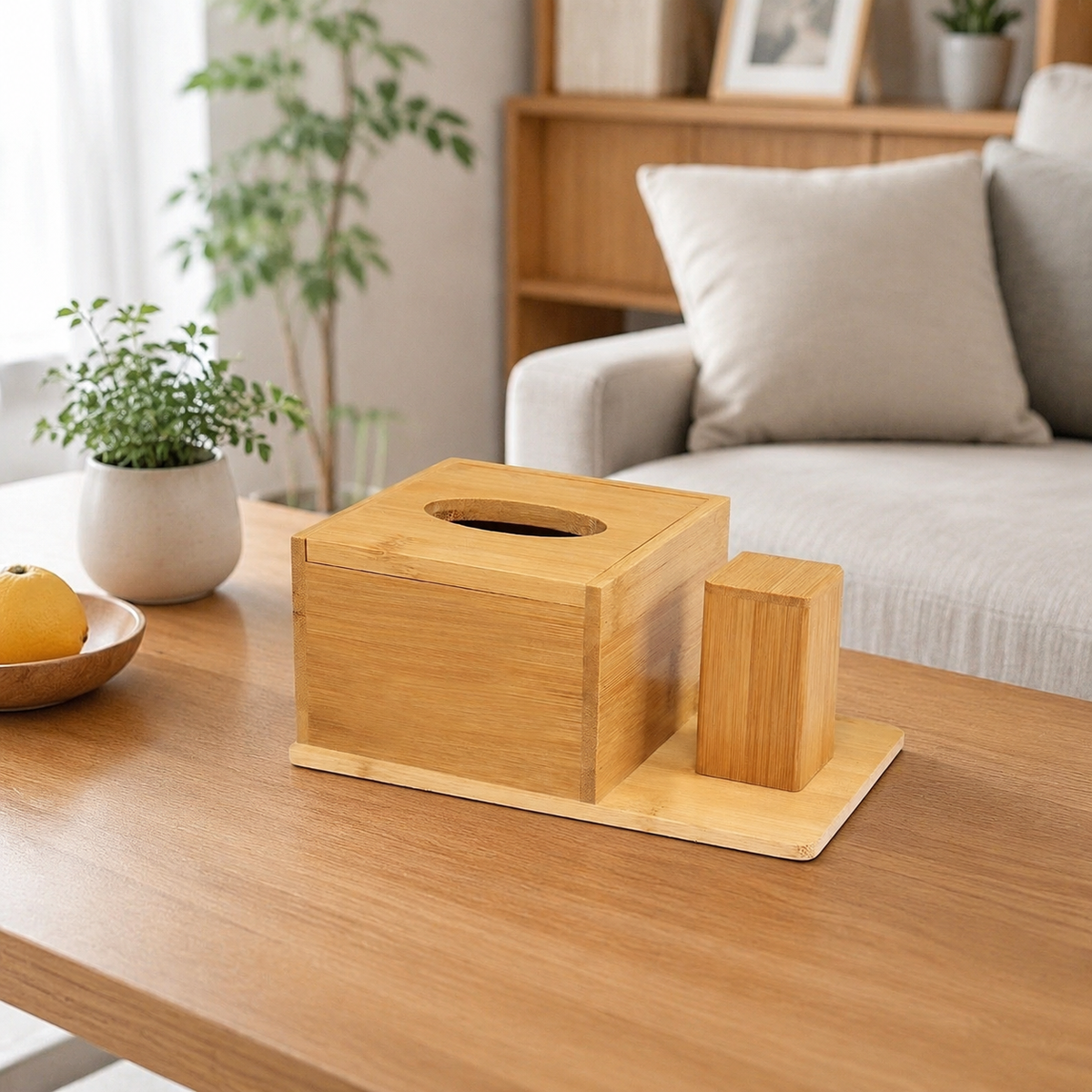 Bamboo Tissue Box Cover Desktop Organizer, Modern Minimalist Holder with Tray, Easy Refill Rectangular Wooden for Living Room, Hotel